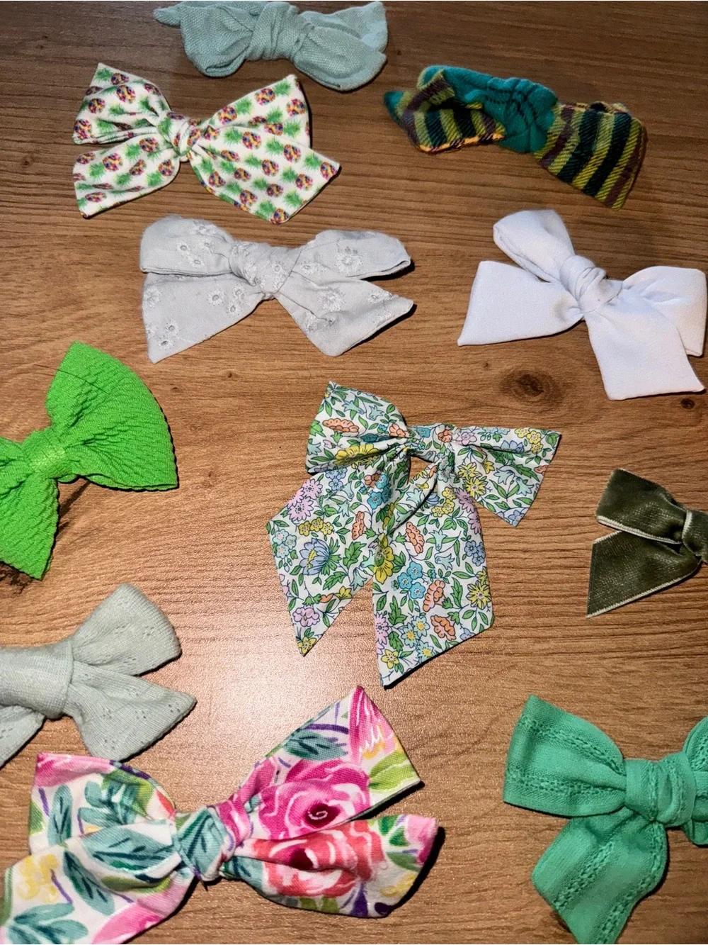 Handmade Kids Bow Clip Set — Assorted Green, White, Pink Floral